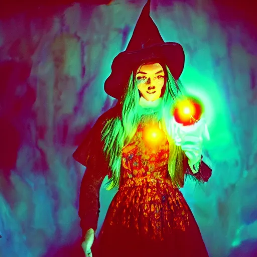 Image similar to beautiful witch holding a glowing crystal, insane colors deep acid trip, film still