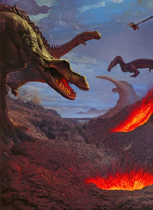 Prompt: dinosaur lava volcano, dynamic action, by lawrence alma - tadema and zdzislaw beksinski and norman rockwell and jack kirby and tom lovell and greg staples, artstation creature art