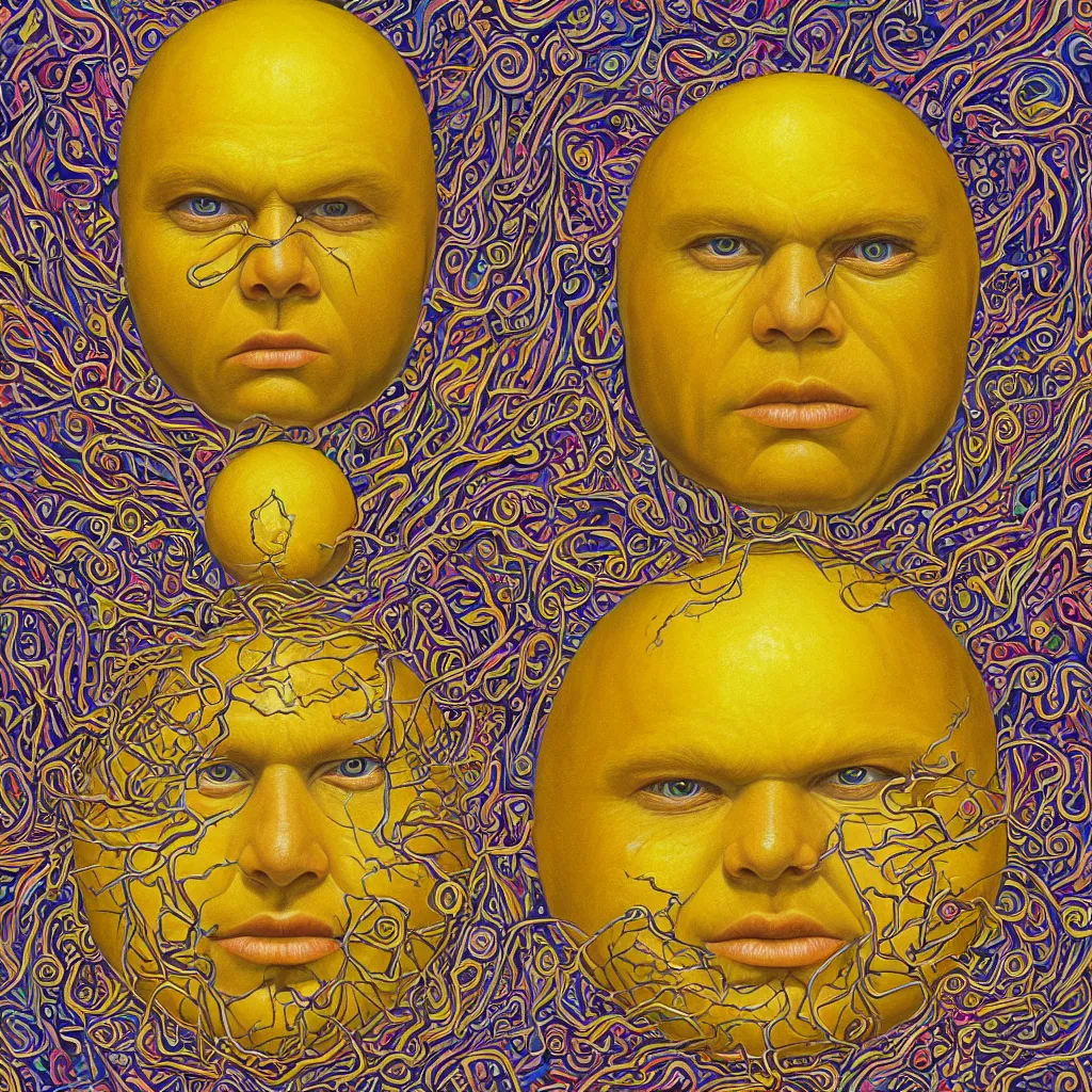 Image similar to Alex Grey painting of a lemon god, highly detailed, symmetrical, trending on artstation