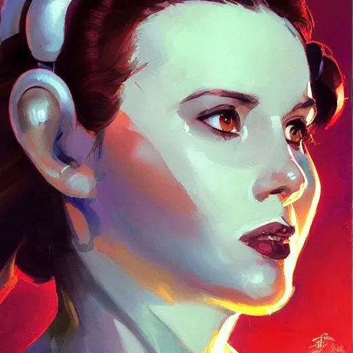 Image similar to greg manchess portrait painting of leia organa as overwatch character, medium shot, asymmetrical, profile picture, organic painting, sunny day, matte painting, bold shapes, hard edges, street art, trending on artstation, by huang guangjian and gil elvgren and sachin teng