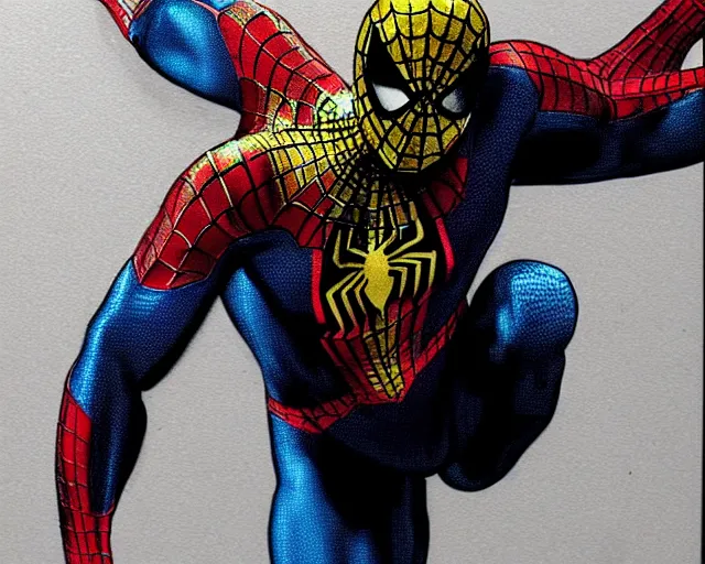 Image similar to photorealistic sketch of black spider - man with gold webbing