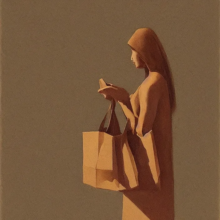 Image similar to beautiful female paper bags, artstation, art by, , edward hopper, Zdzislaw Beksinski, highly detailed