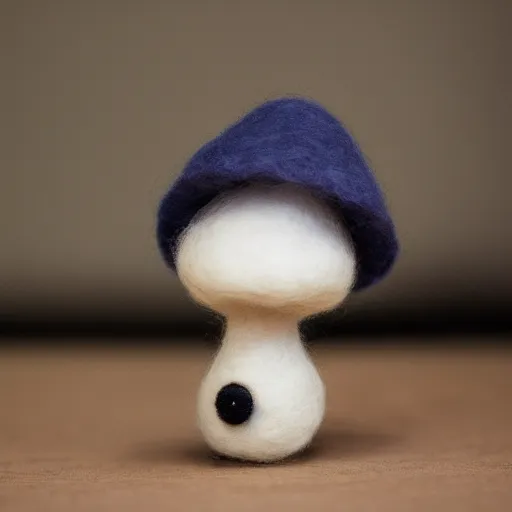 Prompt: photo of a needle felted wool mushroom figure with two googly eyes