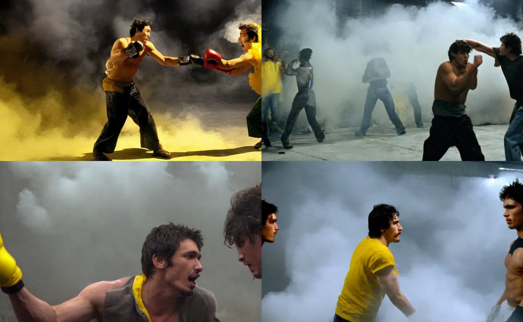 Prompt: 2004 James Franco fighting a guy on a warehouse with a strong yellow fog on the place. Movie Scene.