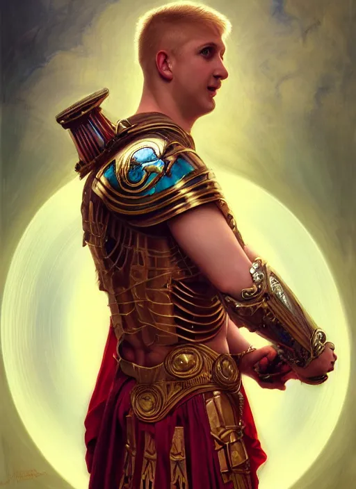 Prompt: the pale blond male praetorian centurion lucius smirking, sci fi, glowing eyes, volumetric lights, red and cyan theme, art nouveau botanicals, intricate, highly detailed, digital painting, artstation, concept art, smooth, sharp focus, cinematic, illustration, beautiful face, art by artgerm and greg rutkowski and alphonse mucha