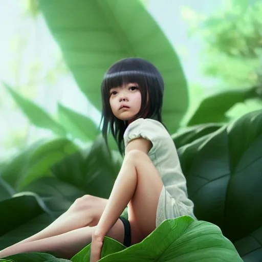 Image similar to very small little girl by ross tran, sitting on a gigantic green leaf by sana takeda, rtx reflections, octane 1 2 8 k, very high intricate details, digital anime art by wlop, medium shot, mid - shot, composition by ilya kuvshinov, lighting by greg rutkowski