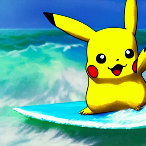 Image similar to pikachu surfing on a wave made of green slime, pokemon tcg image, trending on artstation