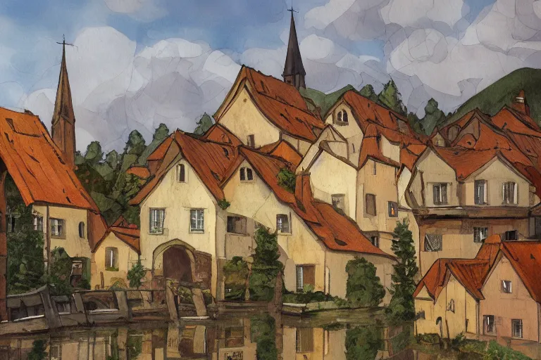 Prompt: a beautiful painting of a medieval village by alvar aalto, hd, very detailed, vivd, wide angle, trending on deviant art, trending on artstation.