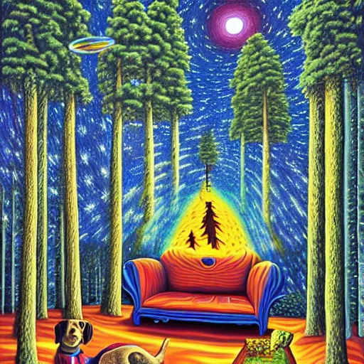 Prompt: psychedelic trippy dog pine forest, planets, milky way, sofa, cartoon by rob gonsalves