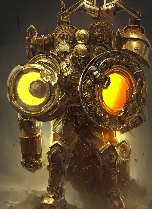 Prompt: full body, attack position abstract portrait of a intricate ornate holy mechanical warforged with circular glowing eye, character in yellow armor holding a legendary paladin engraved holy great longsword and carrying a huge heavy paladin shield, vertically flat head, face in focus, epic , trending on ArtStation, masterpiece, cinematic lighting, by Ross Tran and by Greg Rutkowski