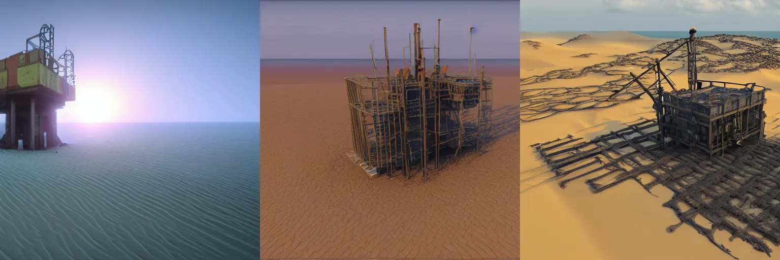 Prompt: an oilrig sinking into sand dunes, environment art, unity3d, unreal engine