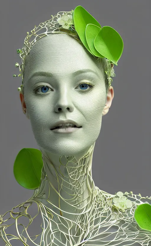 Prompt: complex 3d render of a beautiful porcelain profile woman face, vegetal dragon cyborg, 150 mm, beautiful natural soft light, rim light, silver gold metallic details, magnolia lime green big leaves and stems, ultra detailed , roots, fine lace, maze like, mandelbot fractal, anatomical, facial muscles, cable wires, microchip, elegant, white metallic armour, octane render, black and white, H.R. Giger style