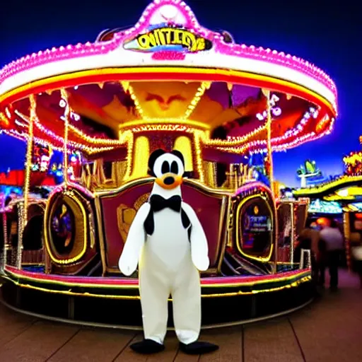 Image similar to photograph of walter white in a penguin costume standing in front or a carousel in disneyland, dark, ominous lights