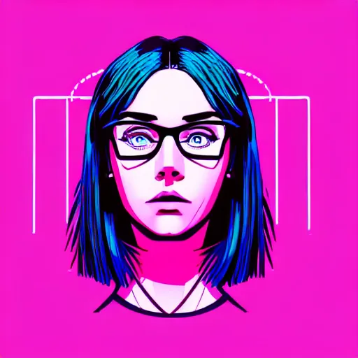 Prompt: simple illustration of an attractive young woman, medium length dark hair, blue eyes, thick glasses, symmetrical, thinking, vector art, vaporwave, blade runner style, cyberpunk, neon lighting, teal, purple, pink