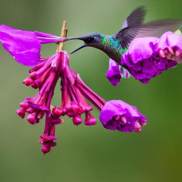 Prompt: a purple hummingbird at a fuchsia flower in the snowy mountains
