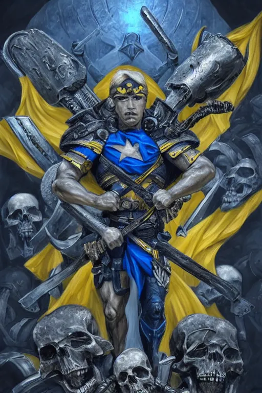 Prompt: a distant shot of one!! single super soldier with blue and yellow flag and a trident symbol standing alone on a huge pile of skulls as a winner, masculine figure, D&D, fantasy, intricate, elegant, highly detailed, extremely detailed, digital painting, artstation, concept art, matte, smooth, sharp focus, illustration, art by Artgerm and Greg Rutkowski and Alphonse Mucha