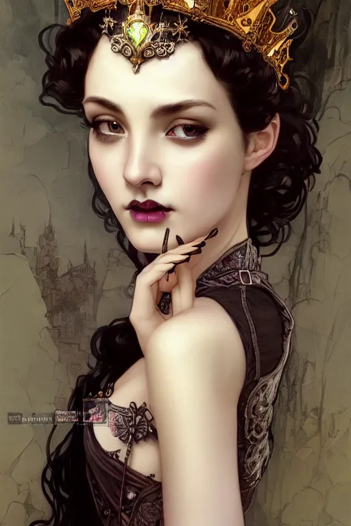 Image similar to beautiful and luxury and victorian and gothic and dieselpunk young medieval dark crown princess portrait like blackpink lisa+smoky eyes+front face with light flowing hair, ultradetail face, art and illustration by tian zi and craig mullins and WLOP and alphonse mucha, fantasy, intricate complexity, human structure, human anatomy, fantasy character concept, watermark, blurry, hyperrealism 8k