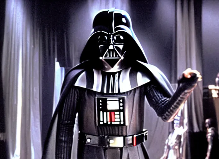 Image similar to film still of Darth Vader dancing as Tony Manero in Staying Alive 1983,