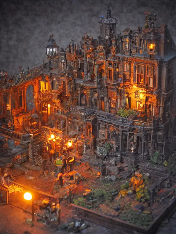 Prompt: mega detailed miniature voxel diorama steampunk workshop, victorian era, vintage architecture, clockwork technology, soft lights are on in the windows, dark night, fog, winter, blizzard, cozy and warm atmosphere, row of street lamps with demonic orange light, several ruins nearby, 1 8 5 0