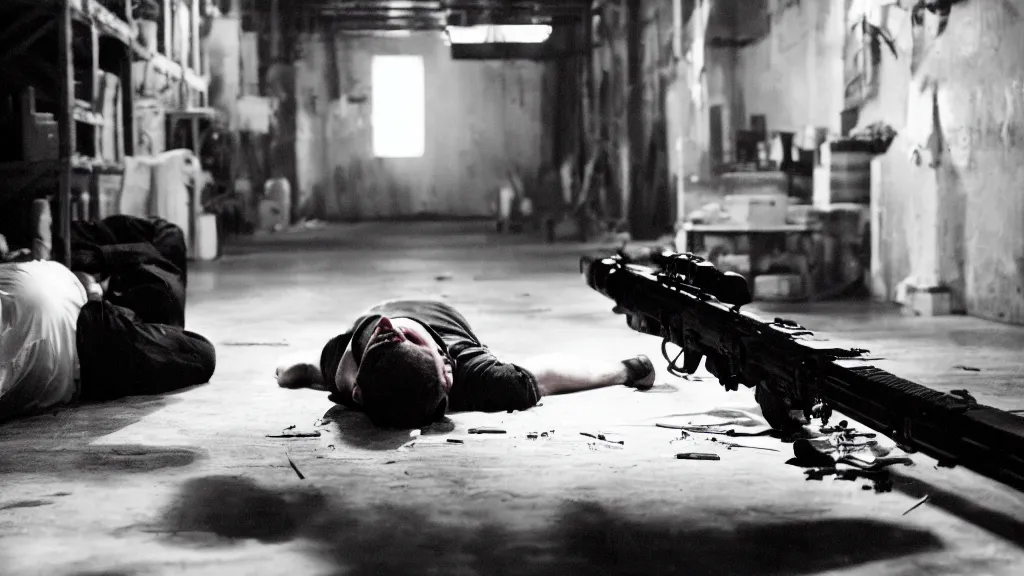 Prompt: film still of a wounded man in a white shirt laying in a warehouse next to a gun on the ground. moody, grainy, 4 k, high detail, aesthetic, good composition, anatomically correct, directed by quentin tarantino,