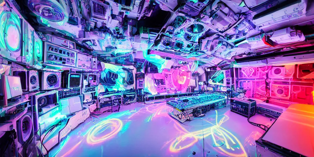 Image similar to giant speaker system audio visual holographic projection music recording studio in the interior of an international space station. filled with neon lights electronic dj equipment, modular synthesizer with cables everywhere. photorealistic 35mm 4k cgsociety