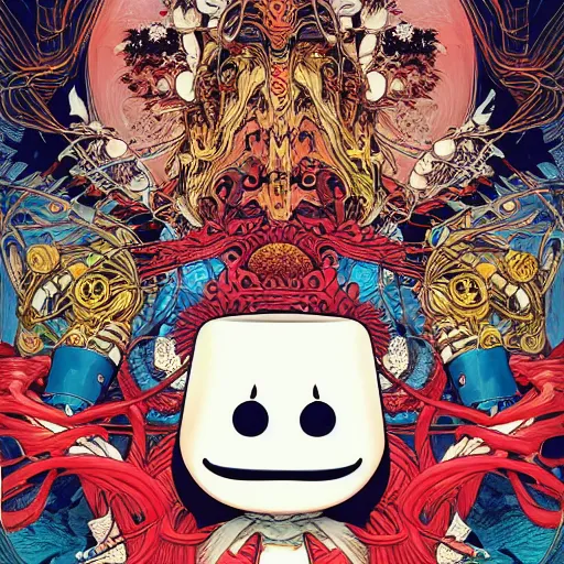 Prompt: portrait of crazy marshmello, symmetrical, by yoichi hatakenaka, masamune shirow, josan gonzales and dan mumford, ayami kojima, takato yamamoto, barclay shaw, karol bak, yukito kishiro