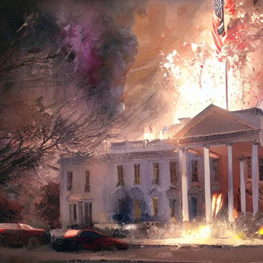 Prompt: the white house being exploded, tragic, beautiful, craig mullins, historic