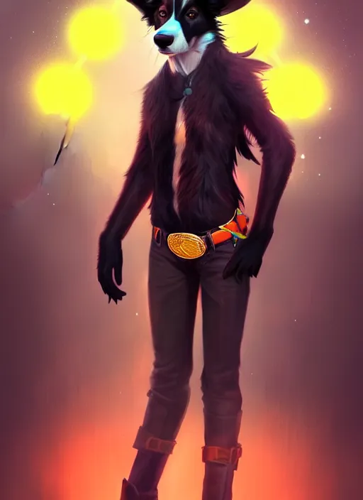 Image similar to wide angle beautiful full body portrait of a cute male anthropomorphic anthro border collie fursona wearing cowboy outfit in a neon metropolis, character design by charlie bowater, henry asencio, and ross tran, furry art, furaffinity, beautiful, glamor pose, detailed, aesthetic, trending on artstation