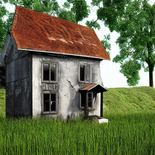 Prompt: abandoned house on a grass land, 3 d render