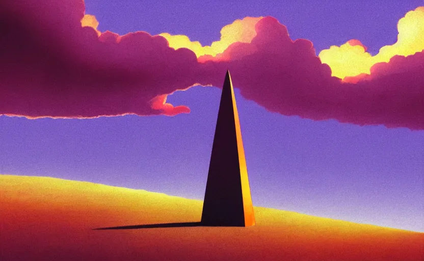 Prompt: by Moebius , landscape of mystic dark cult, monumental giant obelisk, sun light through dark clouds, purple+red+yellow colours, high quality details, one point perspective, denoise deep depth of field