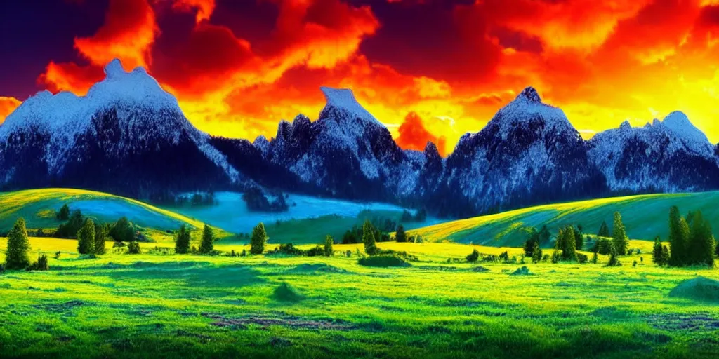 Prompt: a beautiful fantasy landscape art, orange clouds, blue sky and green grassland, snowy mountains