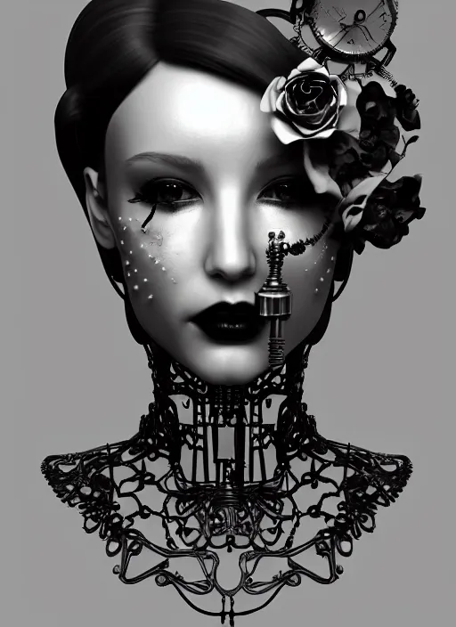 Image similar to black and white dreamy foggy poetic smoky profile face portrait, one silver steampunk realistic eye biomechanical beautiful angelic young female cyborg - robot bust, body ribs meshes,, volumetric light, hibiscus flowers, rim light, big gothic fashion pearl embroidered collar, 1 9 3 0, 8 k