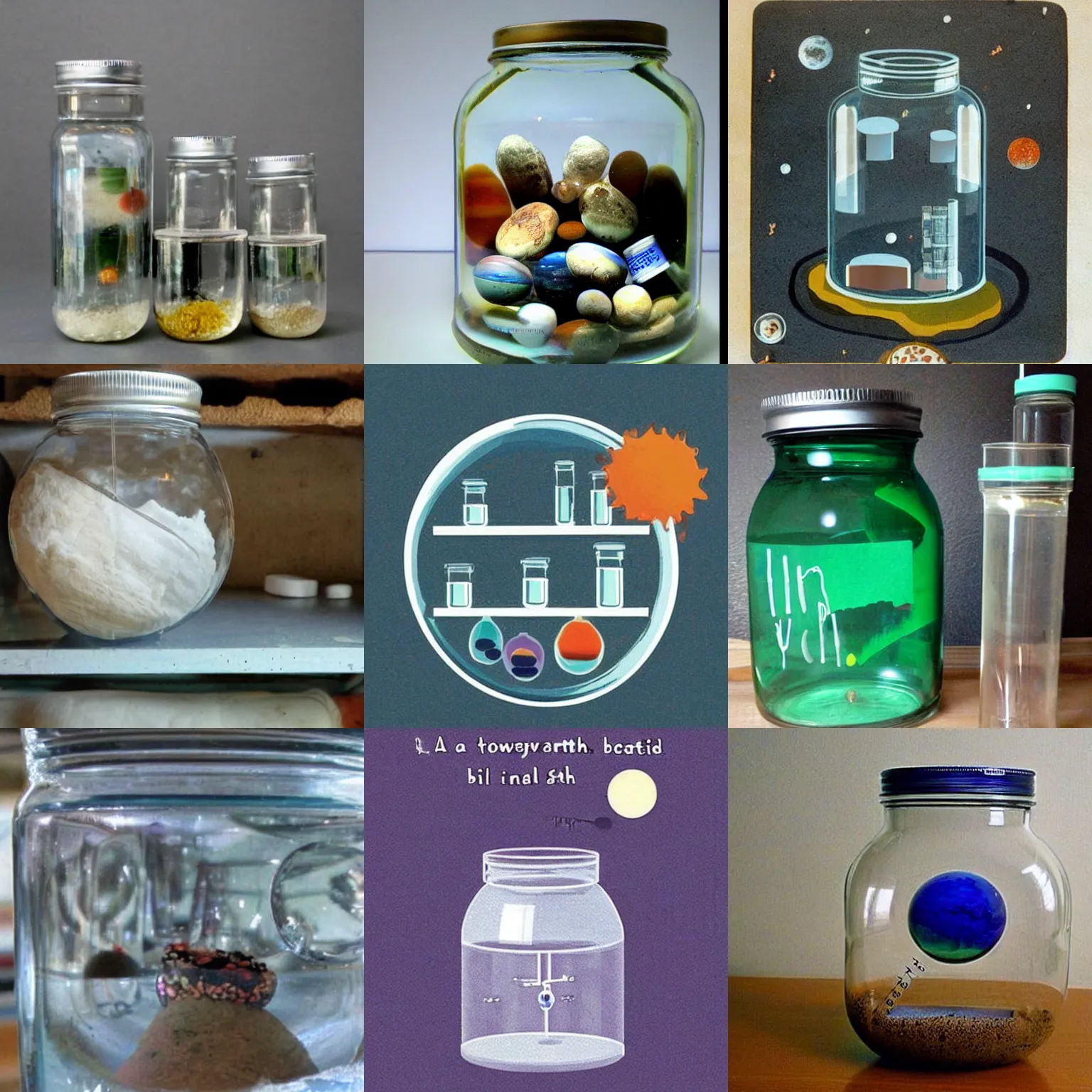 Prompt: a laboratory, jar on a shelf, inside the jar is a tiny!!!!!!!!!! planet earth