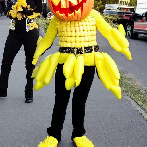 Image similar to full body photo of jennifer lopez, she is wearing a funny kid's hallowen costume of corn on a cob