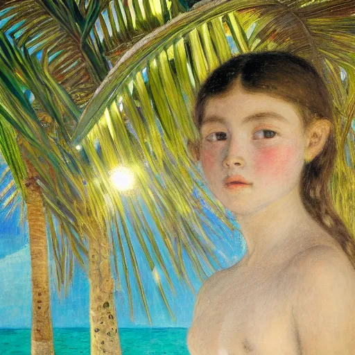 Image similar to a ultradetailed beautiful painting of a girl in the amazonas palace designed by jules bastien - lepage, hans belmer, frank weston and gustave baumann, beach, trending on artstation, mediterranean, palm trees, light sparkles, sharp focus, soft light, 8 k 4 k