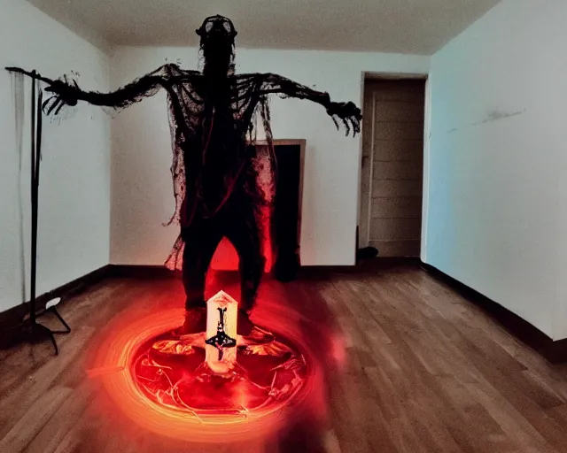 Image similar to transparent horror demon evil spirit attacks in living room with summoning circle pentacle out interior photos shot on iphone, dynamic pose, full body shot, sharp focus, grainy, corpse, paranormal flashlight, deep night,,