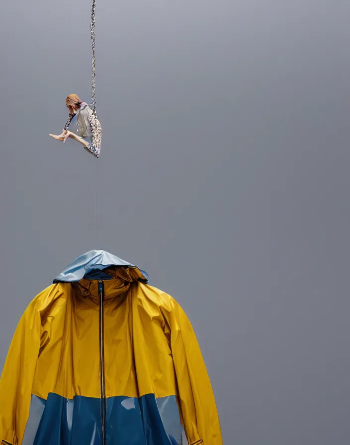 Prompt: close - up portrait of an empty slick fashionable zara raincoat floating suspended mid - air on a glittering wet rainy display designed by james terrell, wes anderson, felipe pantone, symmetry, rule of thirds