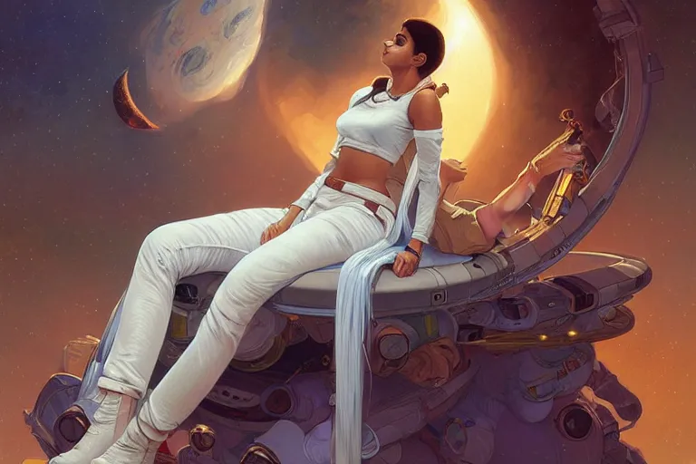 Image similar to Sensual good looking pale young Indian doctors wearing jeans in a space station above Earth, portrait, elegant, intricate, digital painting, artstation, concept art, smooth, sharp focus, illustration, art by artgerm and greg rutkowski and alphonse mucha