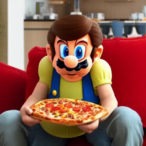 Prompt: Super Mario sitting on the couch eating pizza