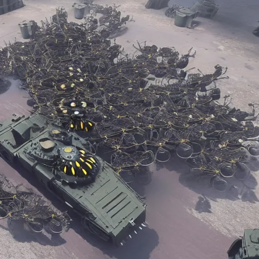 Prompt: swarm of mechanical spiders overflowing a military tank, ultra realism