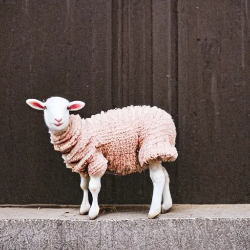 Prompt: lamb wearing a sweater, canon eos r 3, f / 1. 4, iso 2 0 0, 1 / 1 6 0 s, 8 k, raw, unedited, symmetrical balance, in - frame,