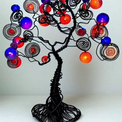 Prompt: intricate wire tree with agate accents, delicate, magnificent design, masterpiece, colorful, surreal, elaborate, dramatic lighting
