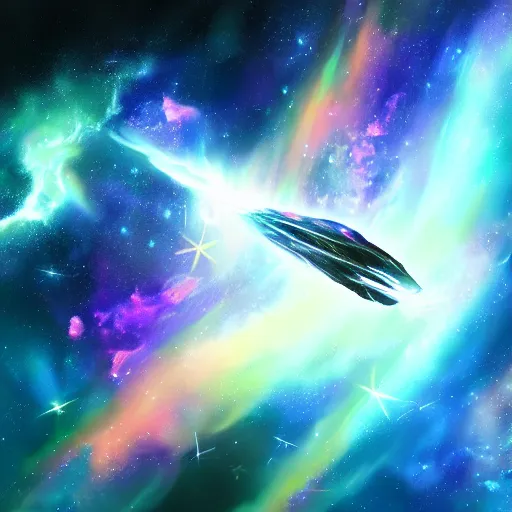 Prompt: a digital painting of a spaceship flying through a beautiful nebula, 8K, trending on art station, realistic, award winning