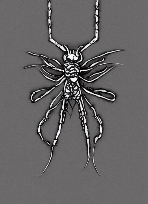 Image similar to rough concept art of small insect pendant, fantasy illustration, medieval era, hand - drawn, 4 k, trending on artstation, symmetry