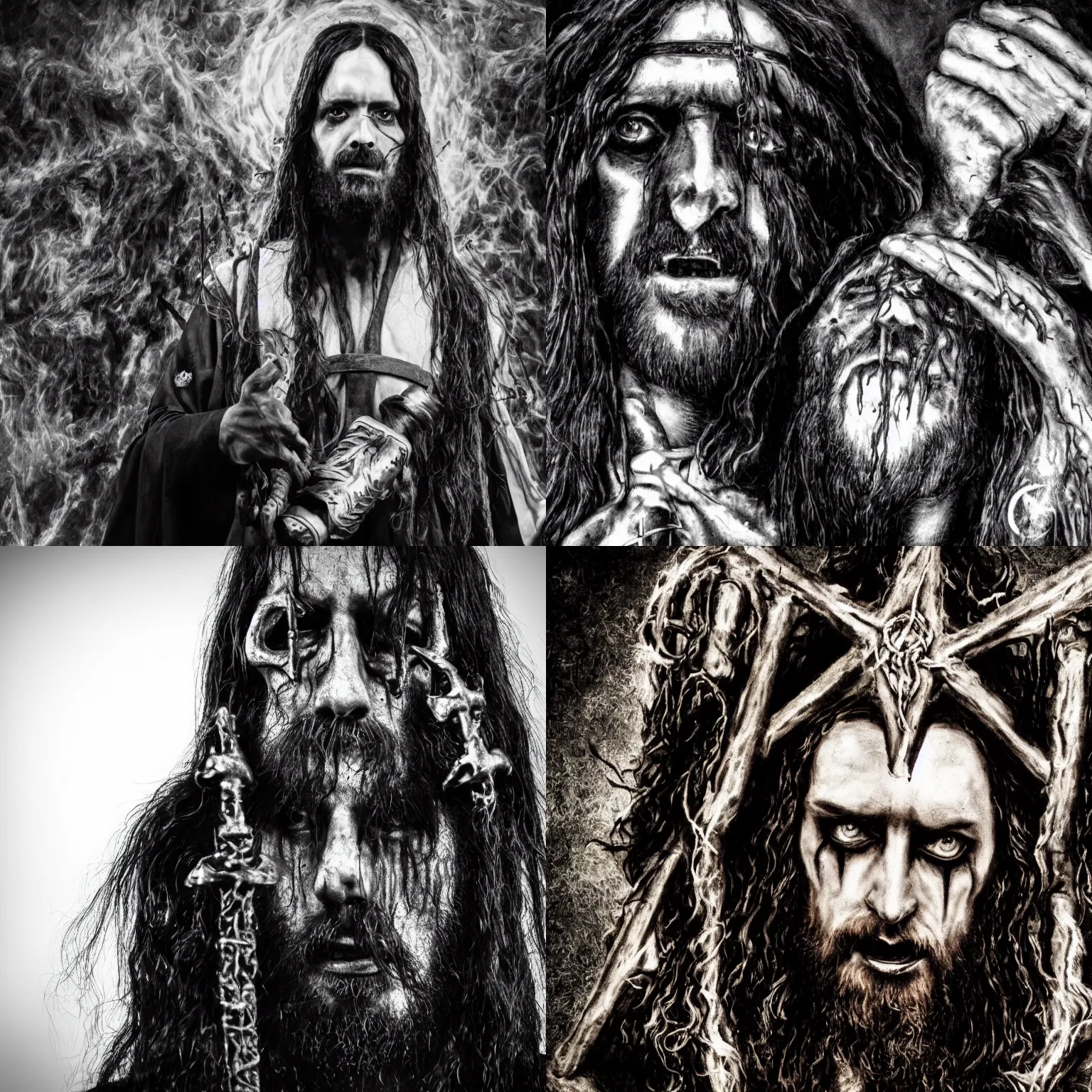 Prompt: Jesus as black metal band leader, front view, realistic, Photograph, 4k