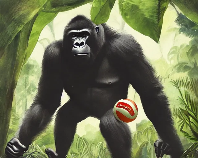 Prompt: a gorilla playing volleyball in a jungle, in the style of greg rutkowski