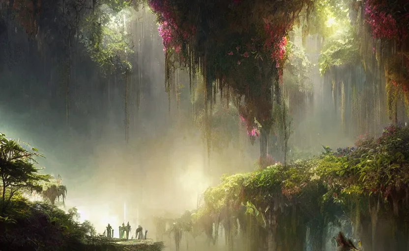 Prompt: Beautiful eden garden, next to a haven and a mystical palace, intricate, elegant, volumetric lighting, digital painting, highly detailed, artstation, sharp focus, illustration, concept art, ruan jia, steve mccurry