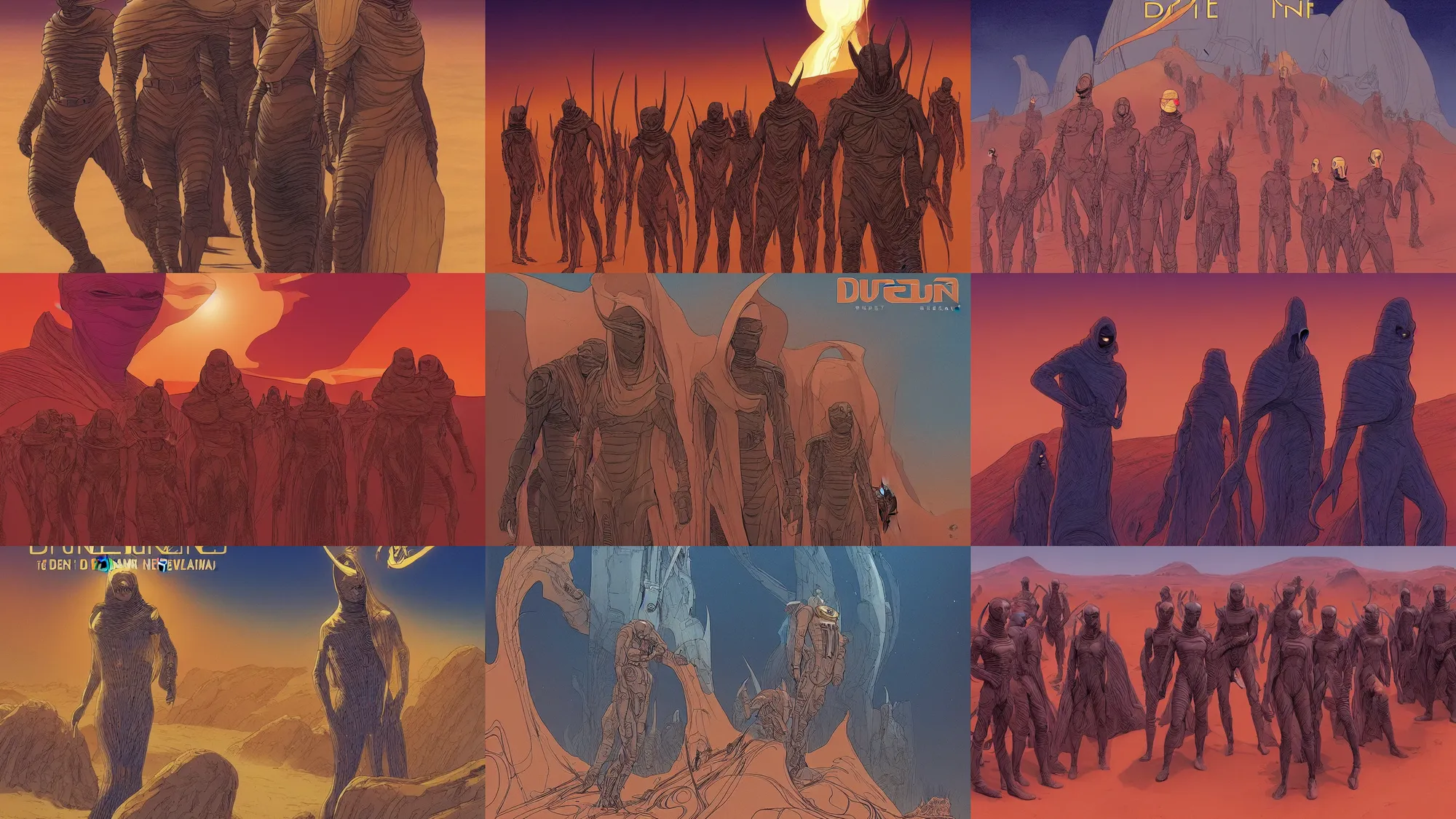 Prompt: dune 2021 by Denis Villeneuve but the Fremen are redesigned to be imaginative creative aliens by moebius, Jean Giraud, cinematic, 4k