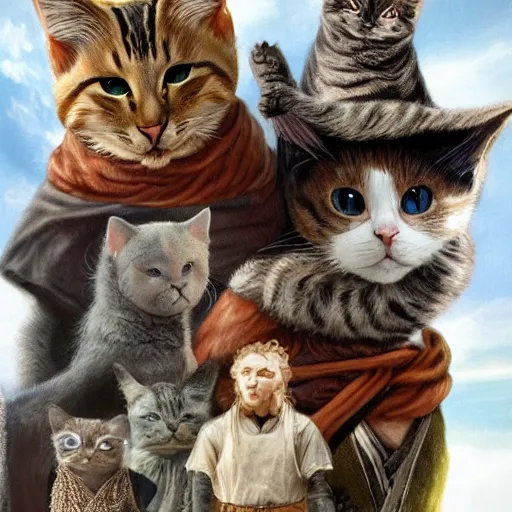 Prompt: if cats were loud if the rings characters, lotr, cats, cats dressed in lotr costumes, hobbits, gandalf, elves, dwarves, 4 k, hyper realistic, artstation