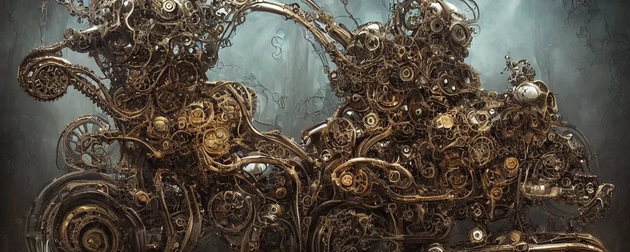 Image similar to biomechanical shiny steampunk vehicle reminiscent of bugatti chiron with (glowing) lights and octopus tentacles parked in ancient mystic woods, gothic and baroque, brutalist architecture, ultradetailed, creepy ambiance, fog, artgerm, giger, Intricate by Ellen Jewett and Josan Gonzalez and Giuseppe Arcimboldo